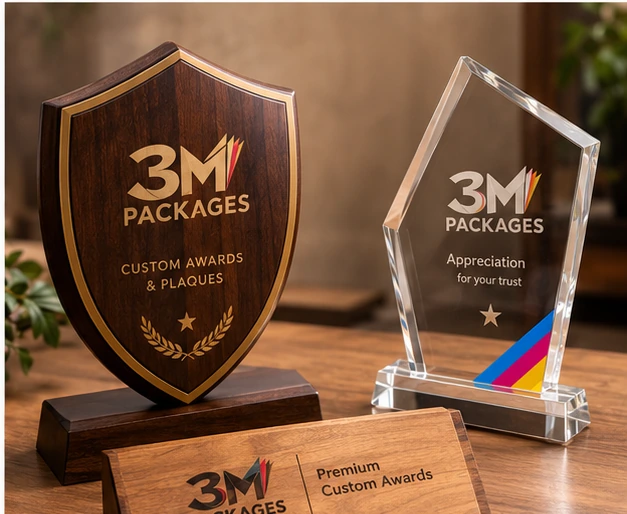 Custom award shields and plaques made by 3M Packages in Karachi
