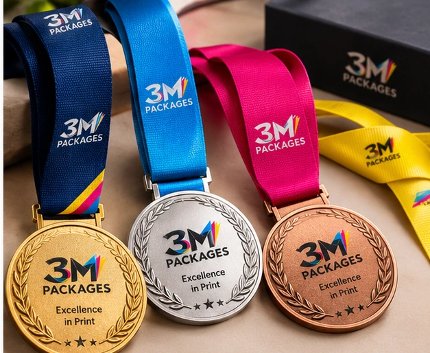 Custom medals with printed ribbons made by 3M Packages in Karachi