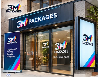 3M Packages illuminated shop front sign, window vinyl and roll-up banner