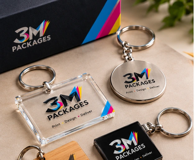 Custom logo and photo keychains printed by 3M Packages in Karachi